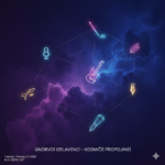 Abstraktní vesmírné pozadí v temně fialových a modrých odstínech s mlhovinami. Mezi hvězdami jsou jemnými liniemi vykreslena souhvězdí, kde v hlavních bodech září neonové symboly: mikrofon, hokejka, kytara a plnicí pero