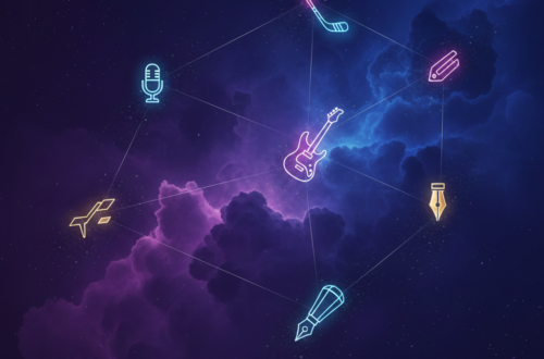 Abstraktní vesmírné pozadí v temně fialových a modrých odstínech s mlhovinami. Mezi hvězdami jsou jemnými liniemi vykreslena souhvězdí, kde v hlavních bodech září neonové symboly: mikrofon, hokejka, kytara a plnicí pero