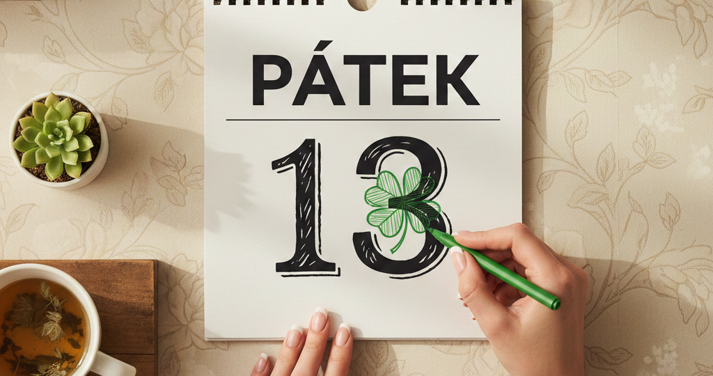 Detailní pohled na ženské ruce s elegantní francouzskou manikúrou a prstenem, jak zeleným fixem kreslí čtyřlístek do trhacího kalendáře na list s datem „PÁTEK 13“. Vedle kalendáře leží šálek bylinkového čaje a malý sukulent, vše v hřejivém, „cozy“ stylu na květinové tapetě.