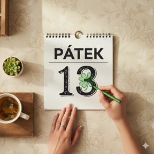 Detailní pohled na ženské ruce s elegantní francouzskou manikúrou a prstenem, jak zeleným fixem kreslí čtyřlístek do trhacího kalendáře na list s datem „PÁTEK 13“. Vedle kalendáře leží šálek bylinkového čaje a malý sukulent, vše v hřejivém, „cozy“ stylu na květinové tapetě.
