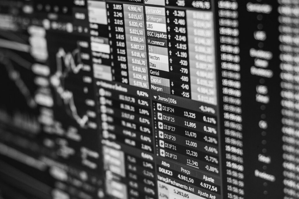 Black Friday on the stock market! Monochrome image of stock market data on a screen, depicting financial information and trends.