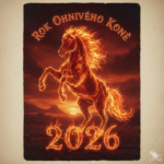 Fotorealistický obraz majestátního koně vzpínajícího se na zadních, jehož tělo i hříva jsou tvořeny sytě rudými a oranžovými plameny. V horní části je nápis „Rok Ohnivého Koně“ a v dolní části výrazné, žhnoucí číslo 2026. Pozadí tvoří dramatická krajina při západu slunce s mraky a jiskrami.
