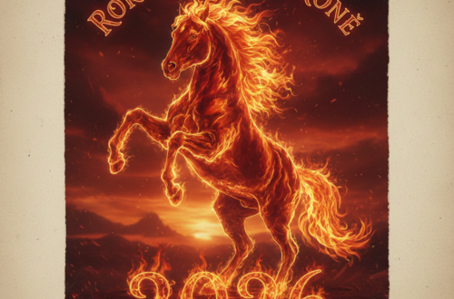 Fotorealistický obraz majestátního koně vzpínajícího se na zadních, jehož tělo i hříva jsou tvořeny sytě rudými a oranžovými plameny. V horní části je nápis „Rok Ohnivého Koně“ a v dolní části výrazné, žhnoucí číslo 2026. Pozadí tvoří dramatická krajina při západu slunce s mraky a jiskrami.