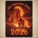 Fotorealistický obraz majestátního koně vzpínajícího se na zadních, jehož tělo i hříva jsou tvořeny sytě rudými a oranžovými plameny. V horní části je nápis „Rok Ohnivého Koně“ a v dolní části výrazné, žhnoucí číslo 2026. Pozadí tvoří dramatická krajina při západu slunce s mraky a jiskrami.