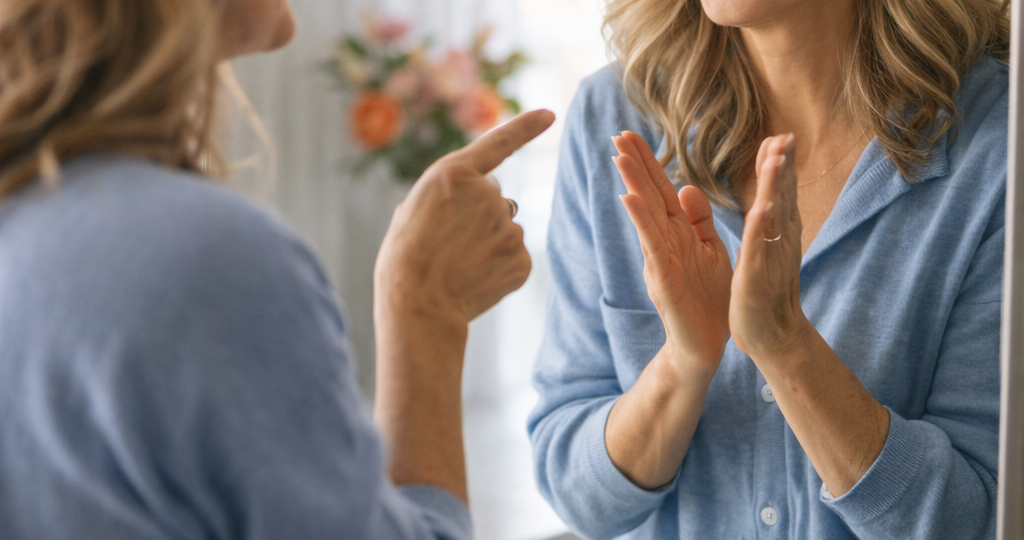 Žena 50+ stojí před zrcadlem v denním světle, ukazuje na svůj odraz, který se usmívá a tleská. Motiv radostné samomluvy a vnitřního dialogu.