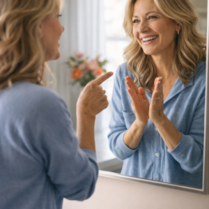 Žena 50+ stojí před zrcadlem v denním světle, ukazuje na svůj odraz, který se usmívá a tleská. Motiv radostné samomluvy a vnitřního dialogu.