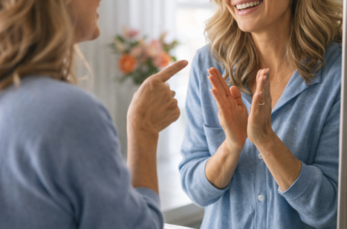 Žena 50+ stojí před zrcadlem v denním světle, ukazuje na svůj odraz, který se usmívá a tleská. Motiv radostné samomluvy a vnitřního dialogu.