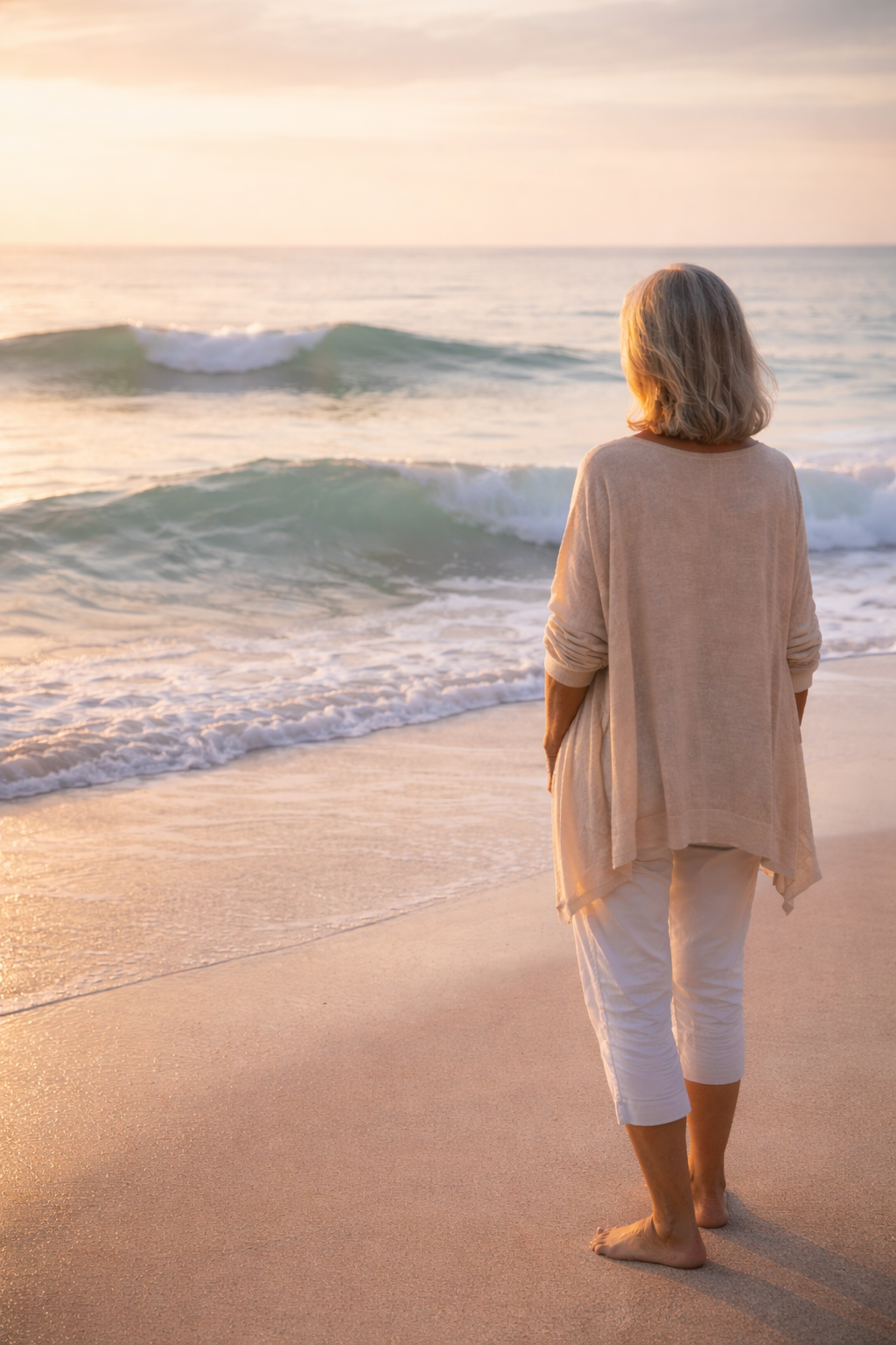 Žena po šedesátce stojí bosá na pláži při východu slunce a dívá se na dvě přicházející vlny – symbol přirozených fází stárnutí.