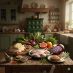 Fotorealistické zátiší 25 nejzdravějších potravin světa (ryby, mandle, chia semínka, grapefruit, mangold a vepřové sádlo) na dřevěném stole v rustikální zelené kuchyni se starožitnými kachlovými kamny.