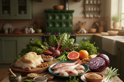 Fotorealistické zátiší 25 nejzdravějších potravin světa (ryby, mandle, chia semínka, grapefruit, mangold a vepřové sádlo) na dřevěném stole v rustikální zelené kuchyni se starožitnými kachlovými kamny.