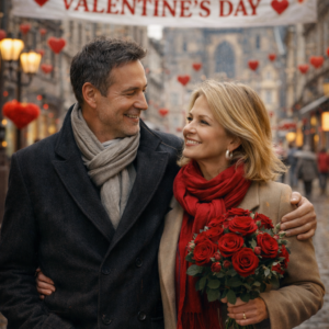 Zralý pár kolem padesátky kráčí evropskou historickou ulicí, symbol klidné a hluboké lásky. Pár po padesátce v evropském městě slaví Valentýn bez kýče.