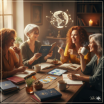 Čtyři usměvavé zralé ženy sedí u dřevěného stolu plného knih, kávových šálků, tarotových karet a tabletu s grafy. Panuje zde inspirativní a útulná atmosféra, v pozadí je knihovna a okno s výhledem do přírody. Scéna symbolizuje komunitu „Velkých holek“, sdílení vědomostí a radost ze života.