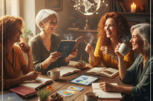 Čtyři usměvavé zralé ženy sedí u dřevěného stolu plného knih, kávových šálků, tarotových karet a tabletu s grafy. Panuje zde inspirativní a útulná atmosféra, v pozadí je knihovna a okno s výhledem do přírody. Scéna symbolizuje komunitu „Velkých holek“, sdílení vědomostí a radost ze života.