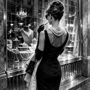 Žena inspirovaná Audrey Hepburn stojí zády u výlohy klenotnictví, v černých šatech, perlovém náhrdelníku a s dlouhou špičkou, černobílá fotografie.