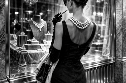 Žena inspirovaná Audrey Hepburn stojí zády u výlohy klenotnictví, v černých šatech, perlovém náhrdelníku a s dlouhou špičkou, černobílá fotografie.