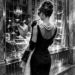 Žena inspirovaná Audrey Hepburn stojí zády u výlohy klenotnictví, v černých šatech, perlovém náhrdelníku a s dlouhou špičkou, černobílá fotografie.