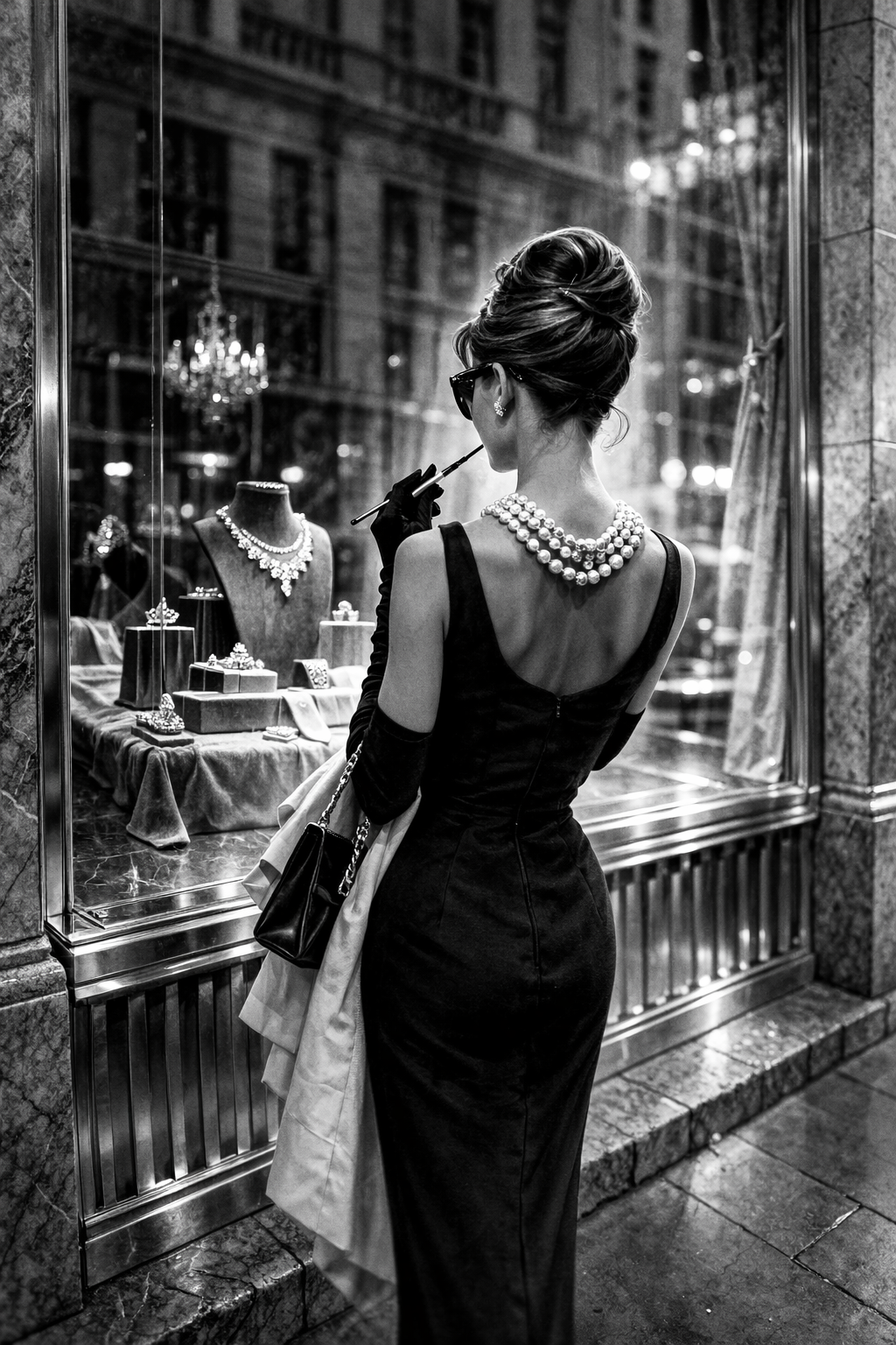 Žena inspirovaná Audrey Hepburn stojí zády u výlohy klenotnictví, v černých šatech, perlovém náhrdelníku a s dlouhou špičkou, černobílá fotografie.