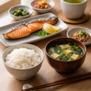 Minimalistický japonský stůl s miskou bílé rýže, miso polévkou s tofu, grilovaným lososem a šálkem zeleného čaje v přirozeném denním světle.