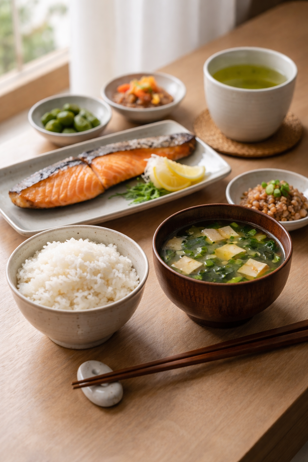 Minimalistický japonský stůl s miskou bílé rýže, miso polévkou s tofu, grilovaným lososem a šálkem zeleného čaje v přirozeném denním světle.