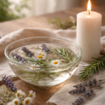 Ostara rituál – miska s vodou, byliny a zapálená svíčka jako symbol očisty a nového začátku