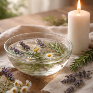 Ostara rituál – miska s vodou, byliny a zapálená svíčka jako symbol očisty a nového začátku