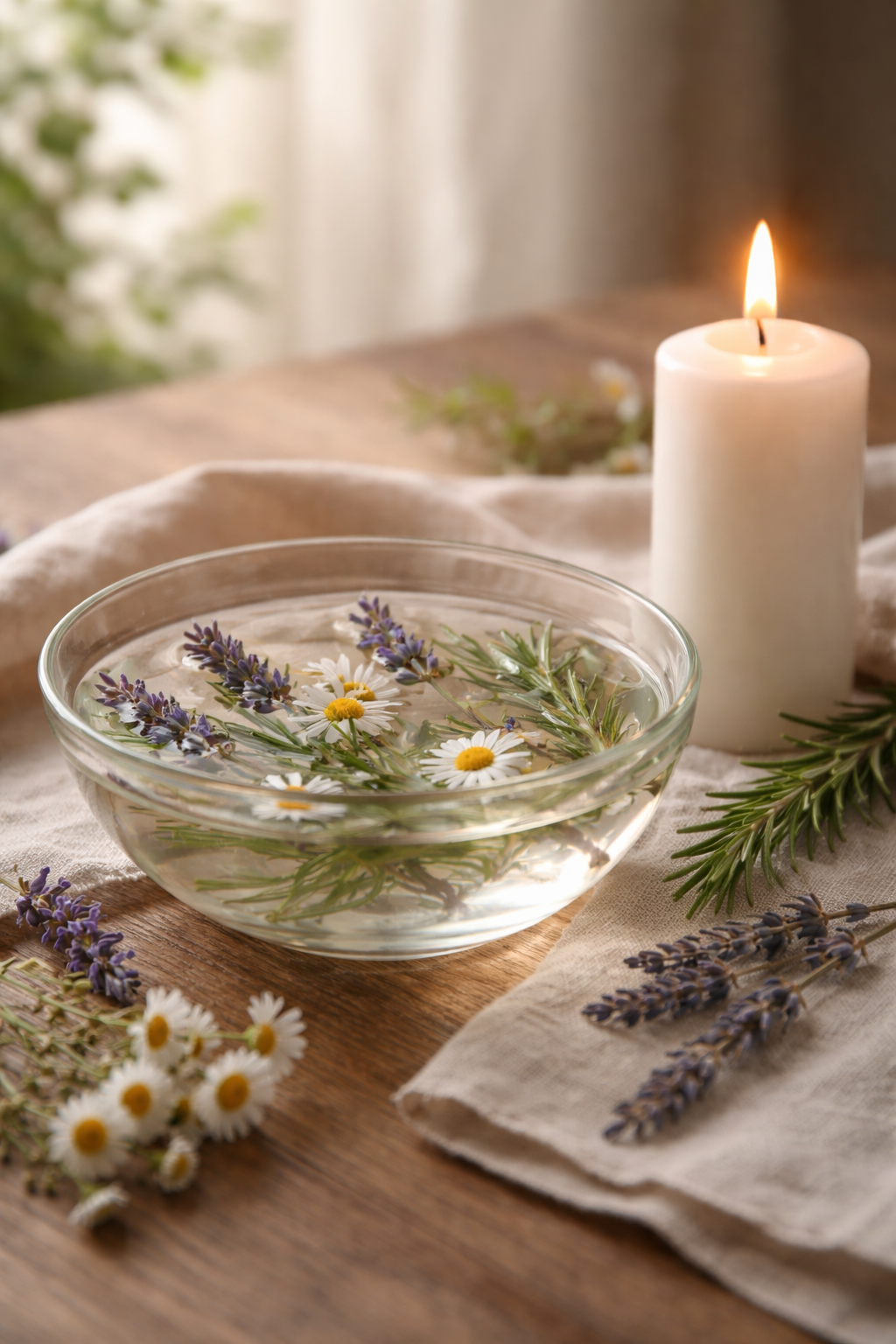 Ostara rituál – miska s vodou, byliny a zapálená svíčka jako symbol očisty a nového začátku