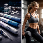 Injekce na hubnutí Ozempic, Wegovy a Mounjaro vs. silná žena 50+ cvičící s činkami – kontrast chemie a přirozené síly
