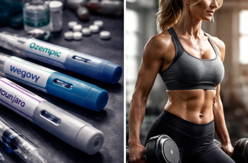 Injekce na hubnutí Ozempic, Wegovy a Mounjaro vs. silná žena 50+ cvičící s činkami – kontrast chemie a přirozené síly
