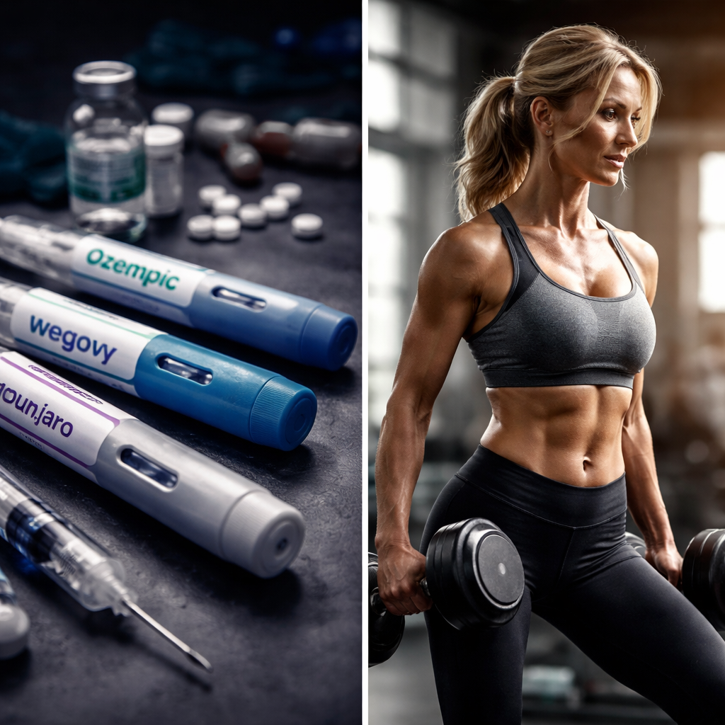 Injekce na hubnutí Ozempic, Wegovy a Mounjaro vs. silná žena 50+ cvičící s činkami – kontrast chemie a přirozené síly
