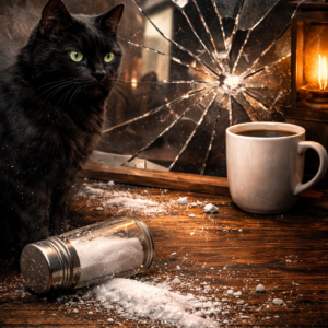 Černá kočka sedí na dřevěném stole vedle rozsypané soli a rozbitého zrcadla, vedle hrnku s kávou – symboly pověr spojených i s pátkem třináctého.