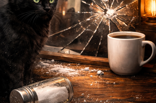 Černá kočka sedí na dřevěném stole vedle rozsypané soli a rozbitého zrcadla, vedle hrnku s kávou – symboly pověr spojených i s pátkem třináctého.