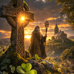 Fotorealistická scéna s keltským křížem na kopci, zapadajícím sluncem, irským kostelem v pozadí a druidskou postavou v mystické krajině se shamrockem.