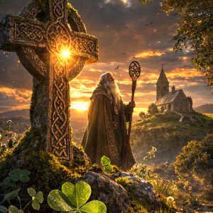 Fotorealistická scéna s keltským křížem na kopci, zapadajícím sluncem, irským kostelem v pozadí a druidskou postavou v mystické krajině se shamrockem.