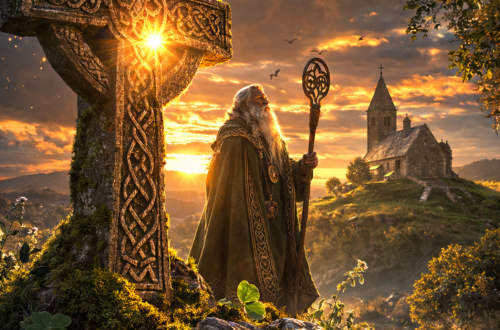 Fotorealistická scéna s keltským křížem na kopci, zapadajícím sluncem, irským kostelem v pozadí a druidskou postavou v mystické krajině se shamrockem.