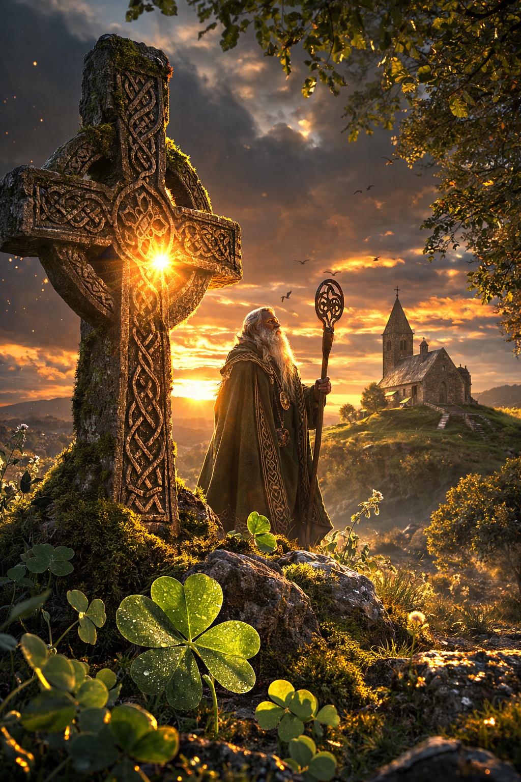Fotorealistická scéna s keltským křížem na kopci, zapadajícím sluncem, irským kostelem v pozadí a druidskou postavou v mystické krajině se shamrockem.