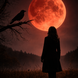 Silueta zralé ženy pod krvavým Měsícem při úplném zatmění, na větvi sedí vrána – symbol přechodu a nového začátku