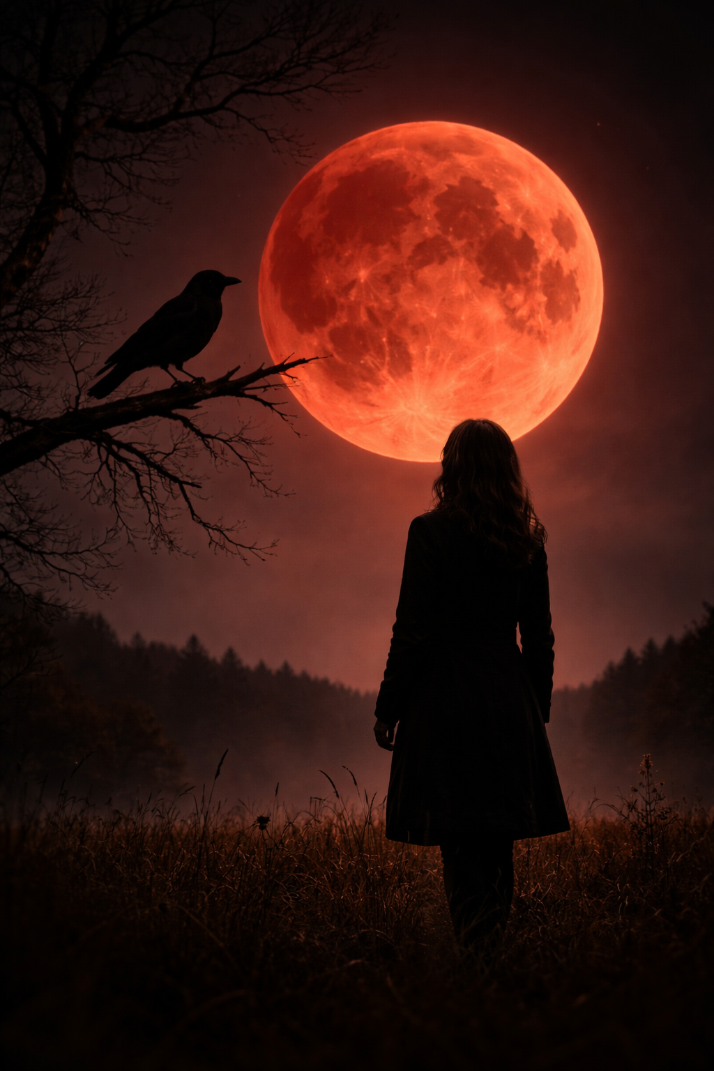 Silueta zralé ženy pod krvavým Měsícem při úplném zatmění, na větvi sedí vrána – symbol přechodu a nového začátku