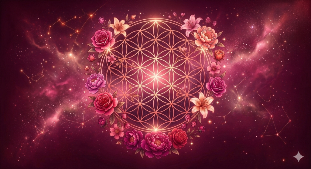 Mystický zlatý Květ života obklopený rozkvetlými růžemi a pivoňkami v sytých odstínech fuchsiové, purpurové a červené na hlubokém fialovém pozadí s jemnými hvězdami a mlhovinou.