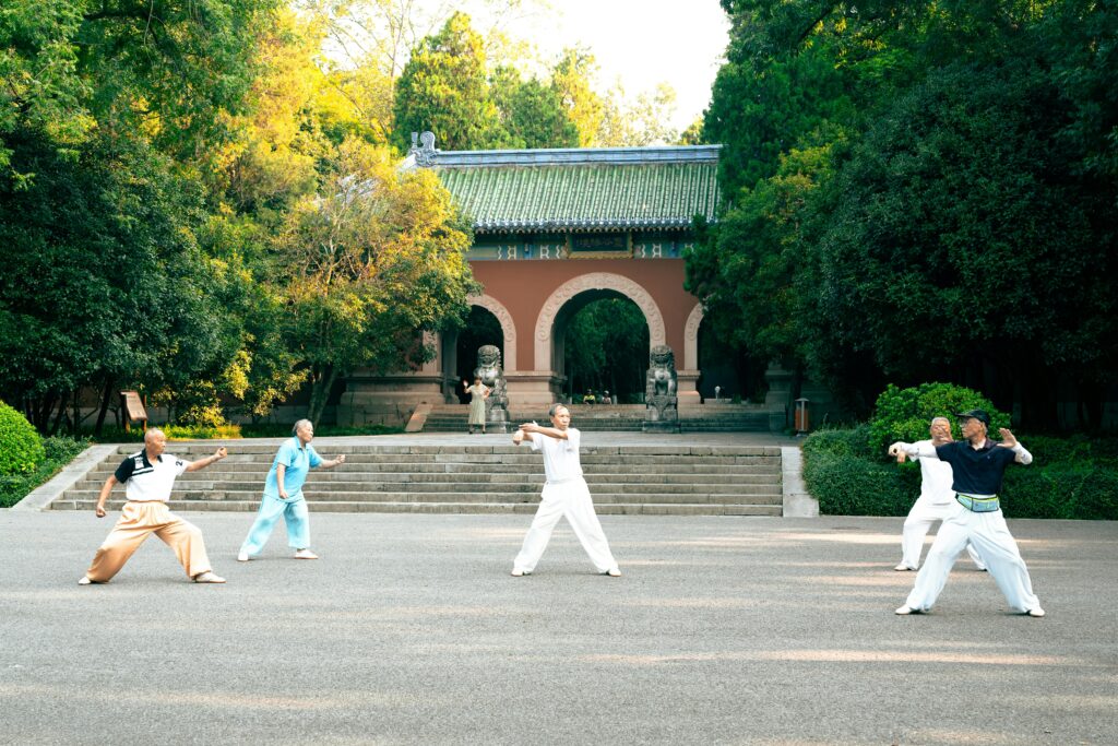 A group practicing Tai Chi near Linggu Japonské taici