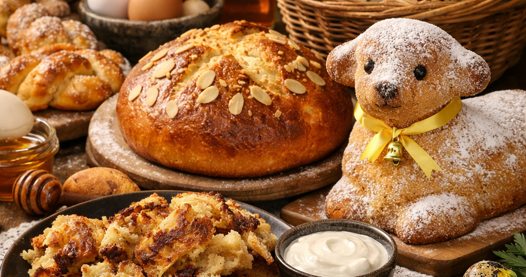 Velikonoční stůl s tradičními českými pokrmy – mazanec, jidáše s medem, piškotový beránek, škaredý bramborák, barevná vejce a jarní květiny na rustikálním dřevěném stole