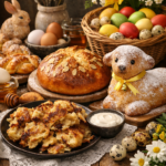 Velikonoční stůl s tradičními českými pokrmy – mazanec, jidáše s medem, piškotový beránek, škaredý bramborák, barevná vejce a jarní květiny na rustikálním dřevěném stole