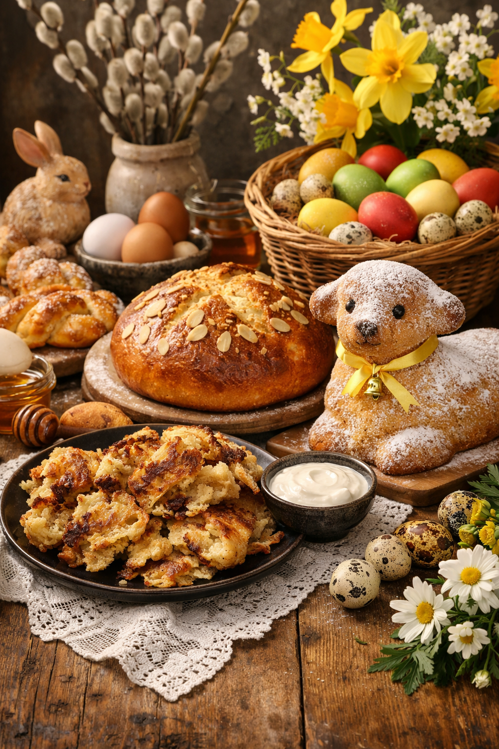 Velikonoční stůl s tradičními českými pokrmy – mazanec, jidáše s medem, piškotový beránek, škaredý bramborák, barevná vejce a jarní květiny na rustikálním dřevěném stole