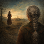 Žena se šedivým copem stojí zády v popředí a dívá se na mladší verzi sebe sama v krajině jihočeského venkova za soumraku.