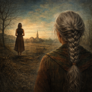 Žena se šedivým copem stojí zády v popředí a dívá se na mladší verzi sebe sama v krajině jihočeského venkova za soumraku.