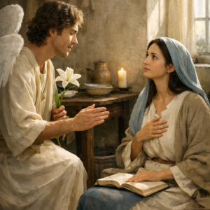 Mladá žena sedí v jednoduchém pokoji a naslouchá muži s jemným výrazem, který k ní mluví; mezi nimi je klidná atmosféra a měkké světlo z okna.