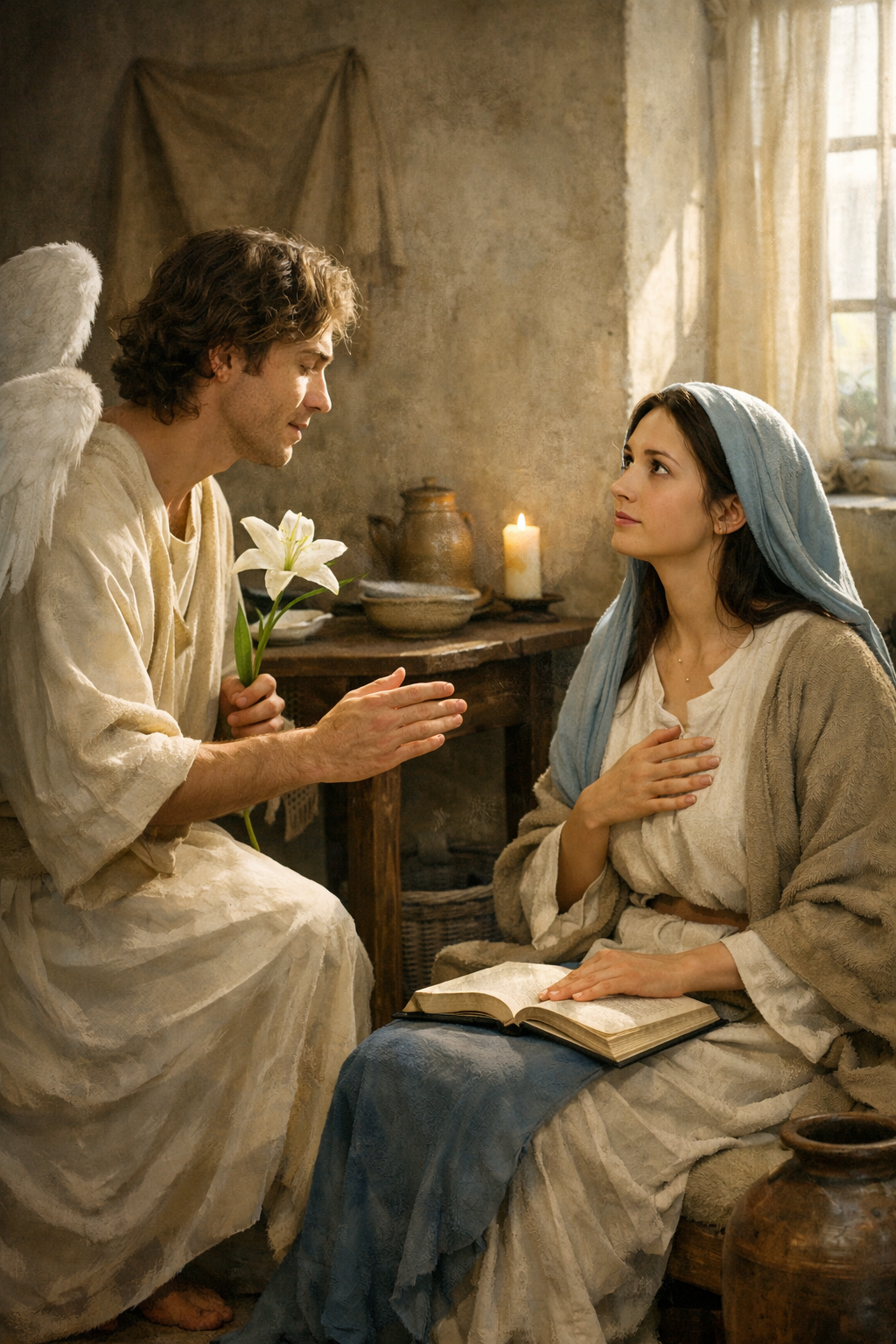 Mladá žena sedí v jednoduchém pokoji a naslouchá muži s jemným výrazem, který k ní mluví; mezi nimi je klidná atmosféra a měkké světlo z okna.