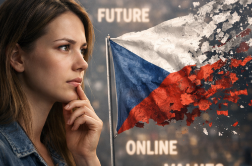 Fotorealistický portrét ženy zamyšlené nad českou identitou, vedle ní česká vlajka rozpadající se na fragmenty, symbol ztráty jazyka a kulturní identity