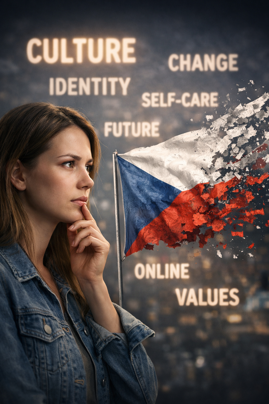 Fotorealistický portrét ženy zamyšlené nad českou identitou, vedle ní česká vlajka rozpadající se na fragmenty, symbol ztráty jazyka a kulturní identity