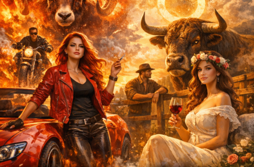 Kontrast znamení Beran a Býk – dynamická žena s ohnivou energií vedle berana a klidná smyslná žena s býkem v přírodní krajině, symbol síly, odvahy a stability.