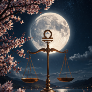Úplněk ve Vahách na noční obloze, zlaté váhy před měsícem a rozkvetlé třešně v popředí – symbol rovnováhy a klidu